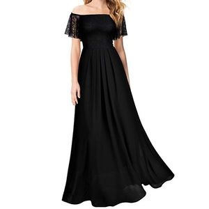 Black lace off the shoulder chiffon a-line gown